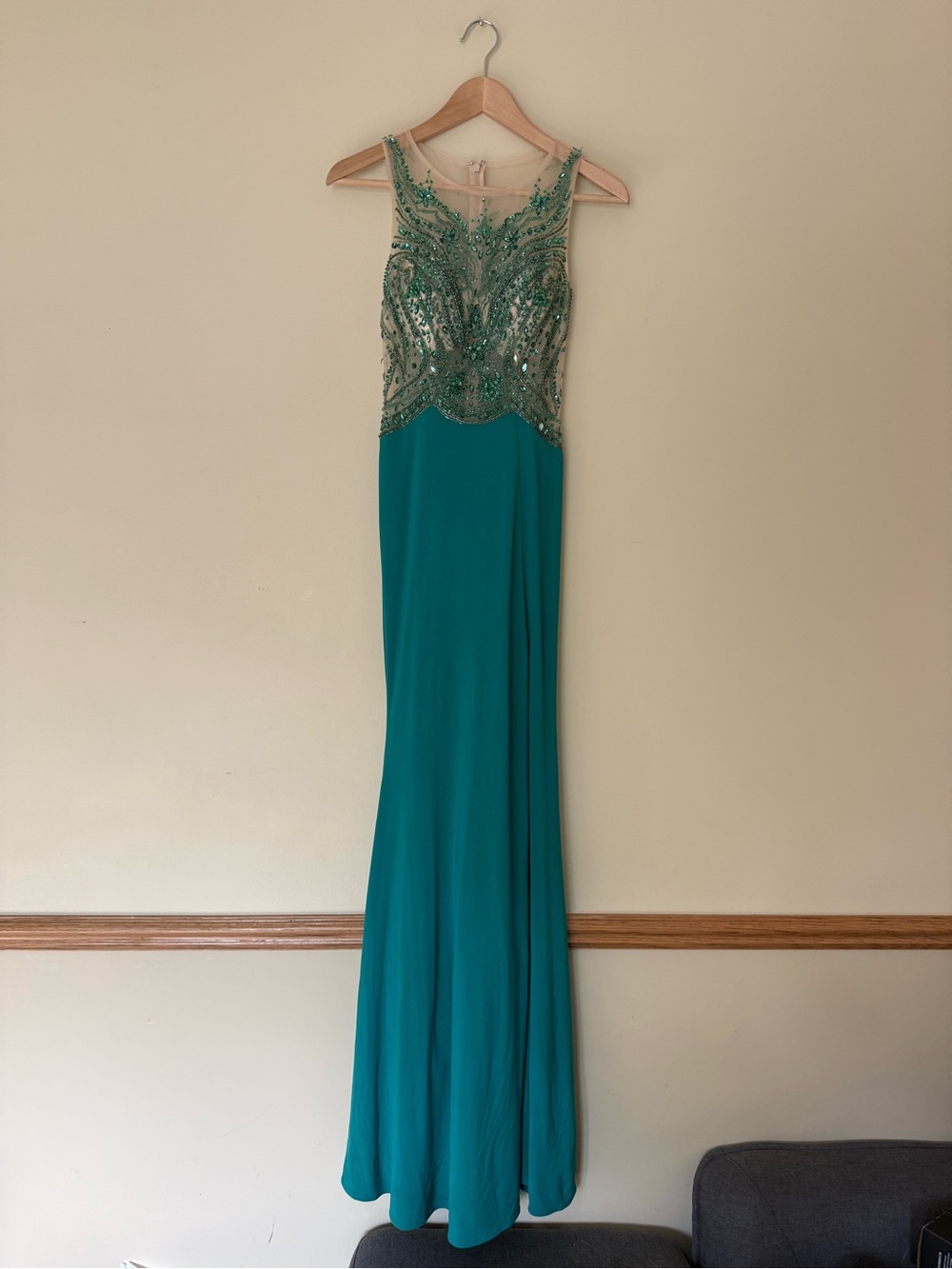 Mori Lee High Neck Sheer Back Green Mermaid Skirt Beaded Formal Gown 0
